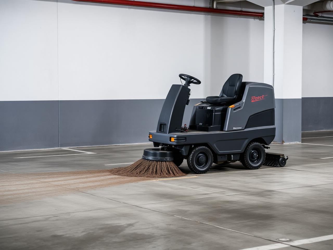 Industriell sopmaskin rengör betonggolvet i ett parkeringsgarage
