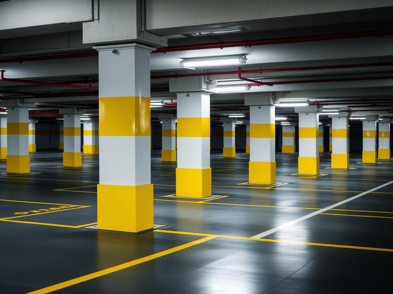Målade betongpelare med gula markeringar och nymålade parkeringslinjer i garage